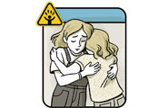 Illustration of two young women giving each other reassuring hugs.