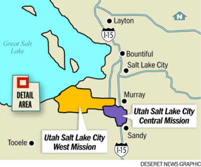 Map of the Utah Salt Lake City Central and West mission boundaries