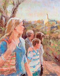Ilustración de una familia caminando cerca del templo.
