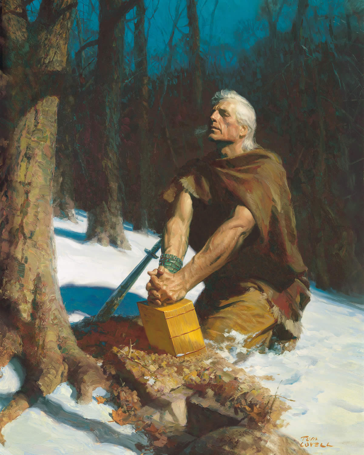 Prophet Moroni buries the sacred records of his people in the Hill Cumorah