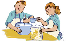 Um menino e uma menina cozinham juntos.