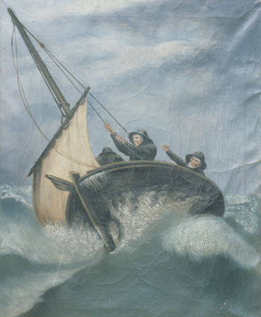 A painting of three men men in a small fishing boat during a storm at sea.