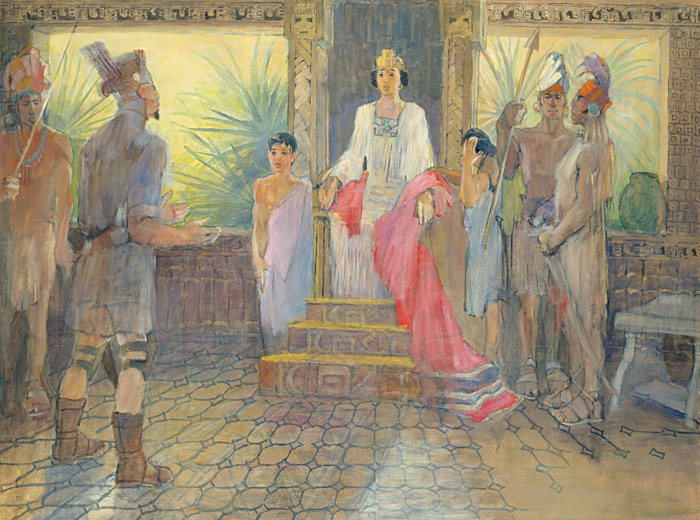 Amalikkja schmeichelt der Witwe des Königs. Sie wählt ihn zu ihrem Mann und macht ihn somit zum König aller Lamaniten (Gemälde von Minerva Teichert).