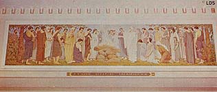 Detail of Alberta Temple mural of Adam offering sacrifice