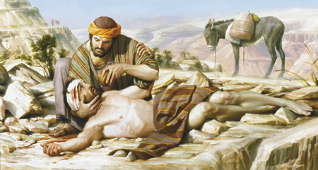 the good Samaritan kneeling beside injured man