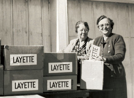 Relief Society sisters with boxes