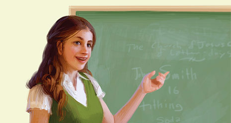 young woman in front of chalkboard