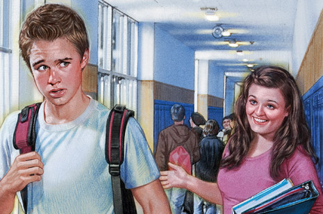 young man and young woman in hallway